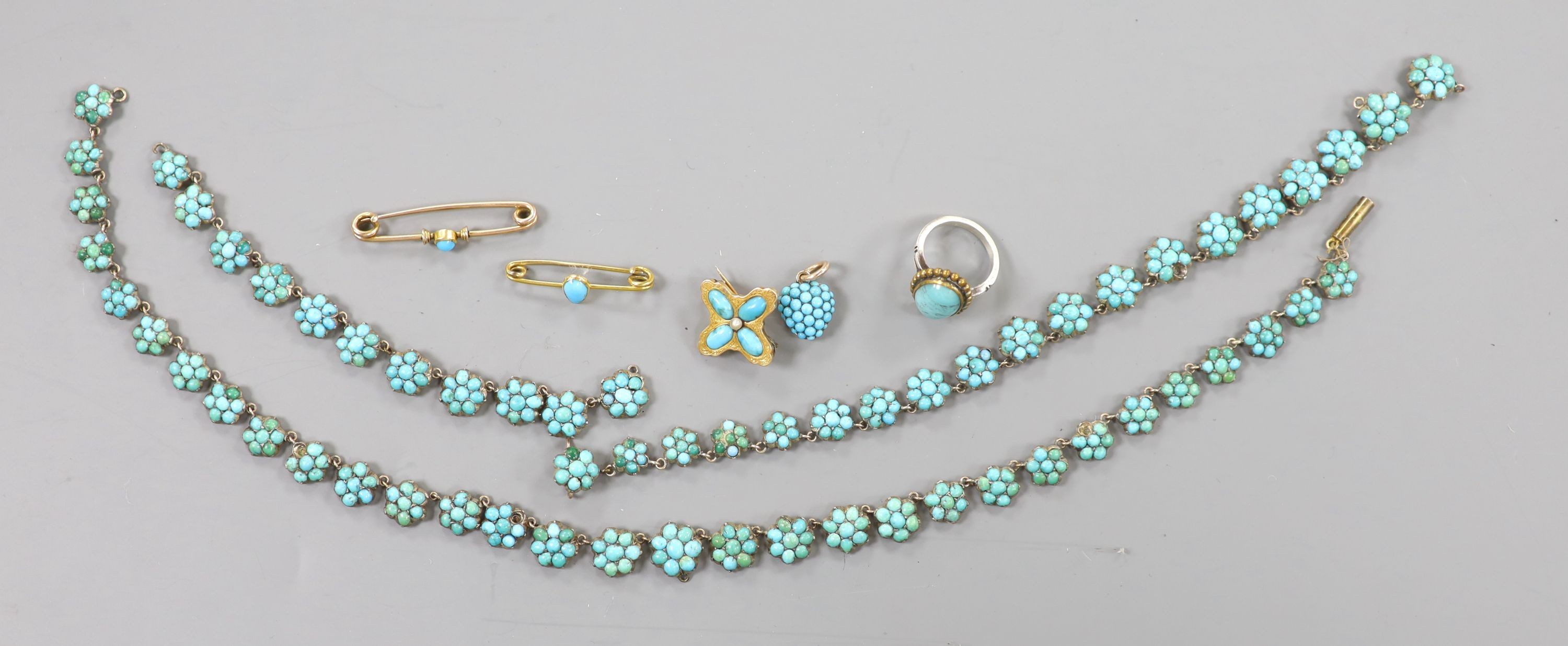 A group of assorted Victorian and later turquoise set jewellery including three yellow metal bar brooches, gross 7.2 grams, dress ring and damaged necklace etc.